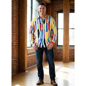 Vintage Genelli Mens 100% Silk Multicolor Brushstroke Button Down Shirt Large